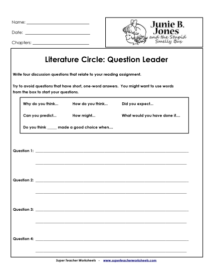 Junie B. Jones Literature Circles - Lit. Circles: Question Leader Junie B. Jones Literature Circles - Lit. Circles: Question Leader