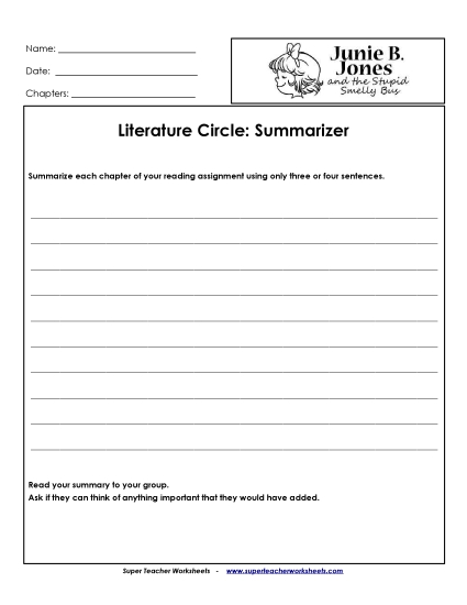 Junie B. Jones Literature Circles - Lit. Circles: Summarizer Junie B. Jones Literature Circles - Lit. Circles: Summarizer