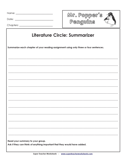 Literature Circles - Lit. Circles: Summarizer Literature Circles - Lit. Circles: Summarizer