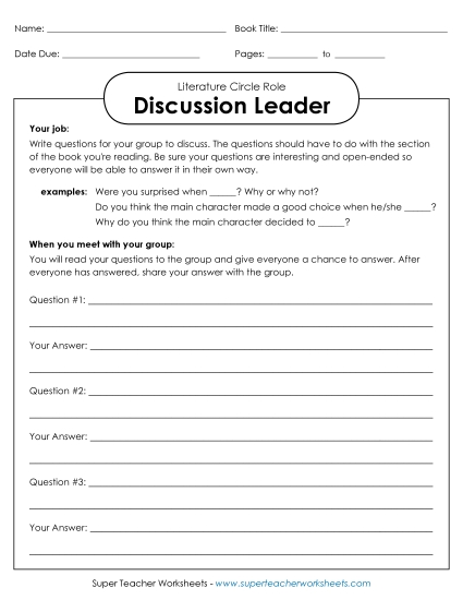 Literature Circle Roles - Literature Circles : Discussion Leader Literature Circle Roles - Literature Circles : Discussion Leader