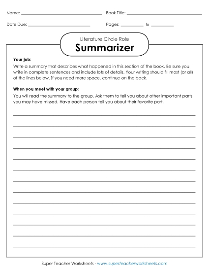 Literature Circle Roles - Literature Circles : Summarizer