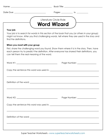 Literature Circle Roles - Literature Circles : Word Wizard