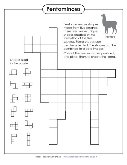Llama Pentomino Puzzle (Printable PDF Worksheet)