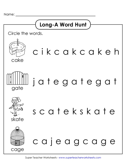 Worksheets - Long A: Horizontal Word Hunt (Illustrated)