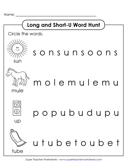 Long and Short U: Horizontal Word Hunt Long and Short U: Horizontal Word Hunt