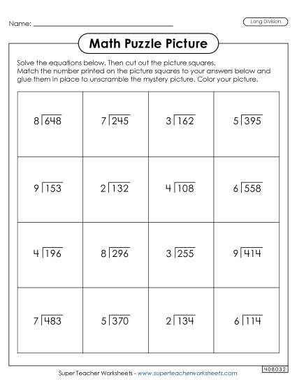 Winter Division Worksheets - Long Division - Skier Picture Puzzle