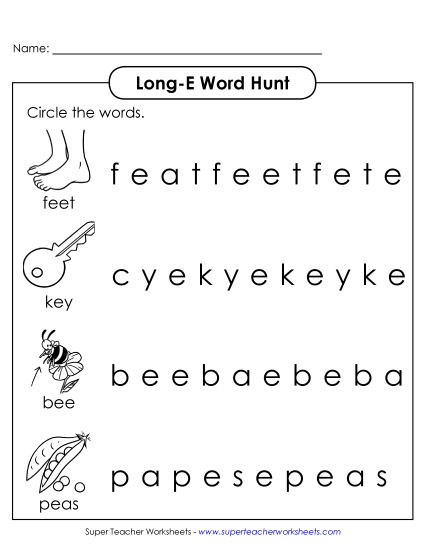 Worksheets - Long E: Horizontal Word Hunt (Illustrated)