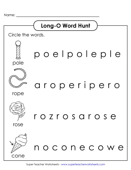 Worksheets - Long O: Horizontal Word Hunt (Illustrated)