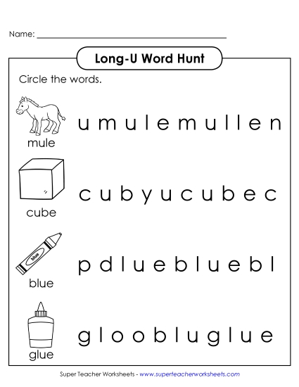 Worksheets - Long U: Horizontal Word Hunt (Illustrated)