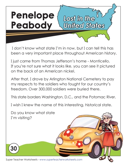 Lost in USA #30:  Virginia (Printable PDF Worksheet)