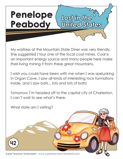Lost in USA #42:  West Virginia (Printable PDF Worksheet)