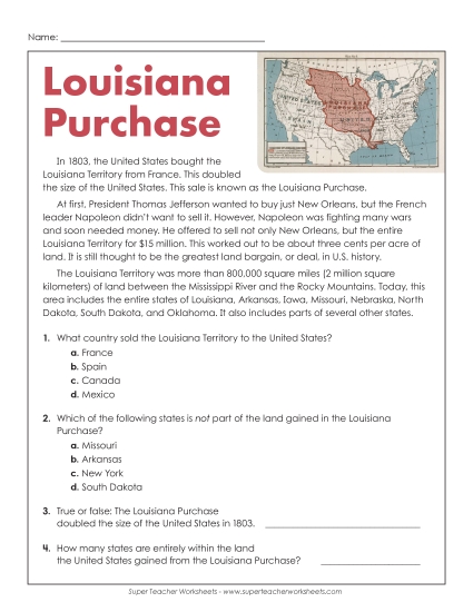 Reading Comprehension - Louisiana Purchase (Short Article) Reading Comprehension - Louisiana Purchase (Short Article)