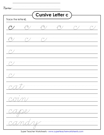 Lower-Case Cursive Letters - Lowercase cursive  c (Printable PDF Worksheet)
