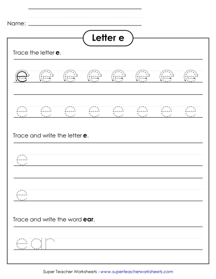 Letter E - Lowercase e (Tracing Dotted Line)