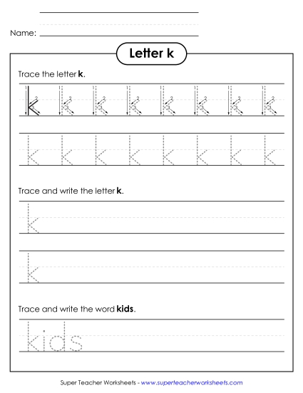 Letter K - Lowercase k (Tracing Dotted Line)