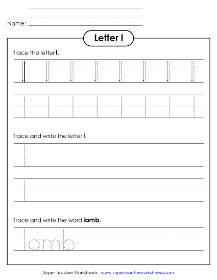 Letter L - Lowercase l (Tracing Dotted Line)