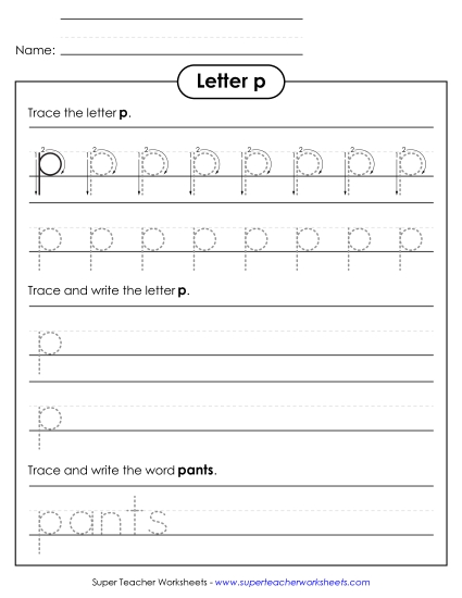 Letter P - Lowercase p (Tracing Dotted Line)