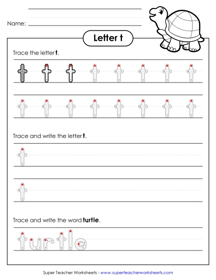 Trace and Print - Lowercase t (Outlined Letters)