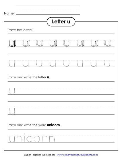 Letter U - Lowercase u (Tracing Dotted Line)