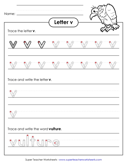 Trace and Print - Lowercase v (Outlined Letters)