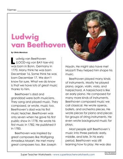 Reading Comprehension - Ludwig van Beethoven Reading Comprehension - Ludwig van Beethoven