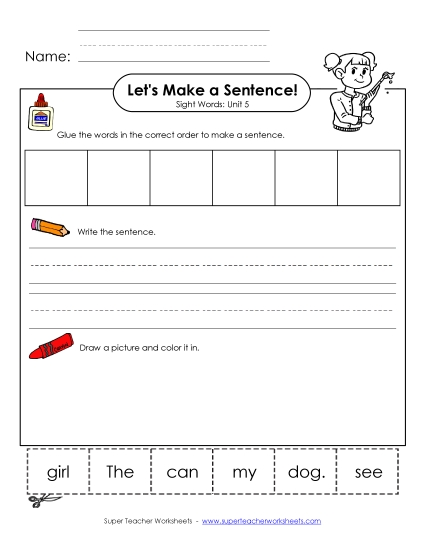 Worksheets - Make a Sentence Cut and Glue (Unit 5)