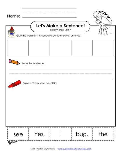 Worksheets - Make a Sentence Cut and Glue (Unit 7)