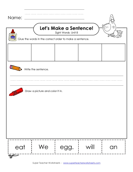 Worksheets - Make a Sentence Cut and Glue (Unit 8)