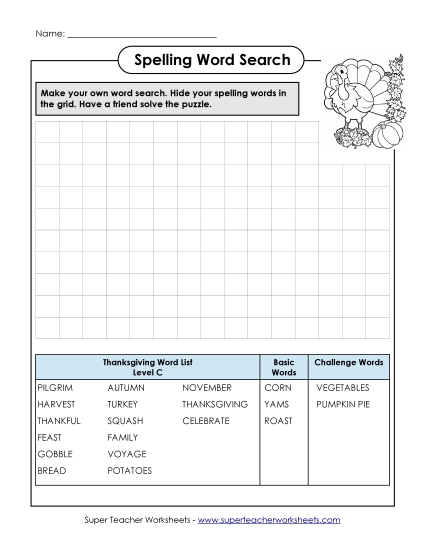 Worksheets and Activities - Make a Word Search (C-Thanksgiving) 