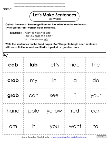 Worksheets - Make Sentences: Word Cards (-ab) Worksheets - Make Sentences: Word Cards (-ab)