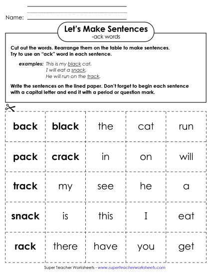 Worksheets - Make Sentences: Word Cards (-ack) Worksheets - Make Sentences: Word Cards (-ack)