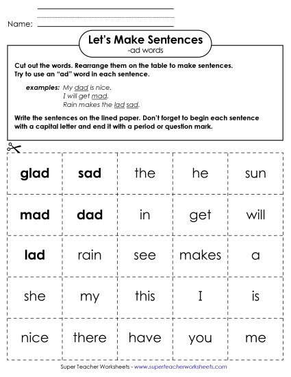 Worksheets - Make Sentences: Word Cards (-ad)