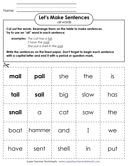 Worksheets - Make Sentences: Word Cards (-ail) Worksheets - Make Sentences: Word Cards (-ail)