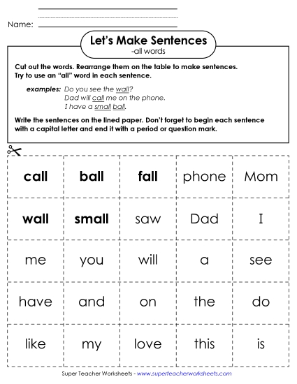 Worksheets - Make Sentences: Word Cards (-all)