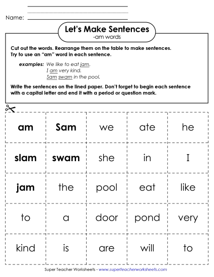 Worksheets - Make Sentences: Word Cards (-am)