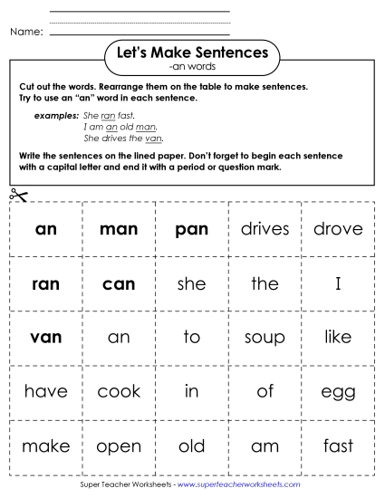 Worksheets - Make Sentences: Word Cards (-an)