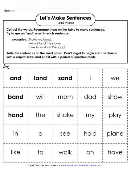 Worksheets - Make Sentences: Word Cards (-and)