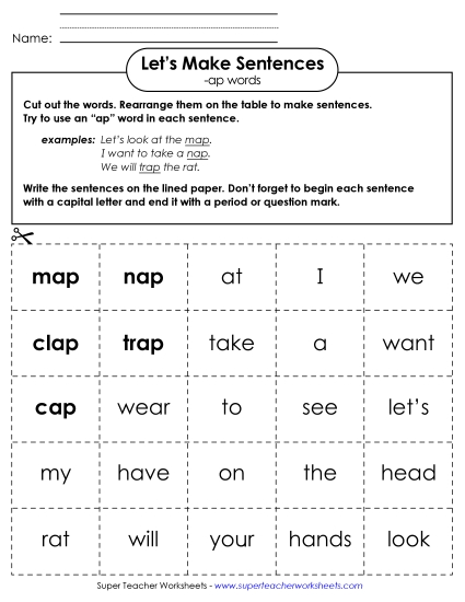 Worksheets - Make Sentences: Word Cards (-ap) Worksheets - Make Sentences: Word Cards (-ap)