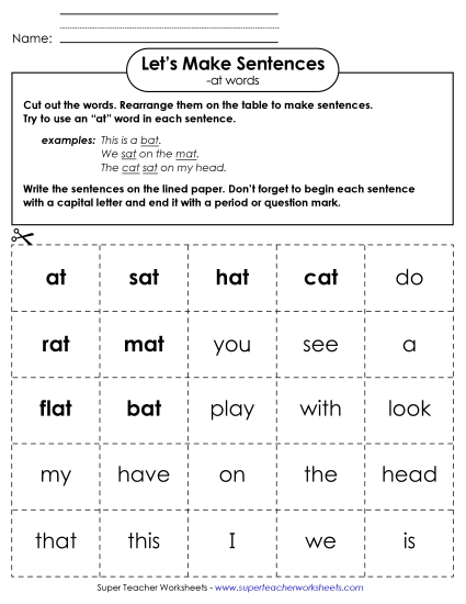 Worksheets - Make Sentences: Word Cards (-at)