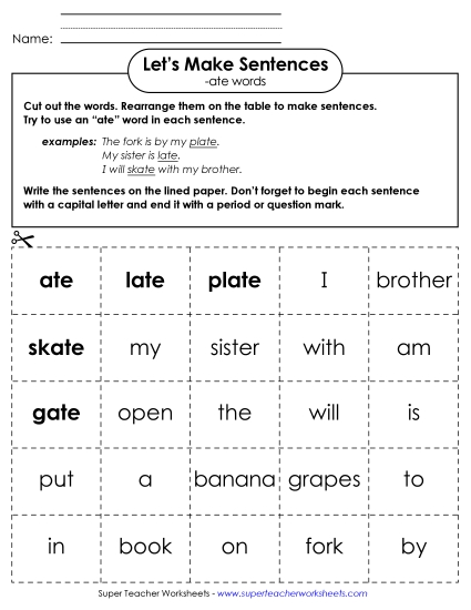 Worksheets - Make Sentences: Word Cards (-ate)