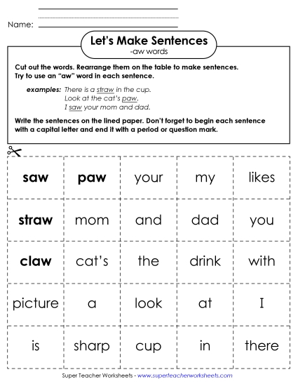 Worksheets - Make Sentences: Word Cards (-aw) Worksheets - Make Sentences: Word Cards (-aw)