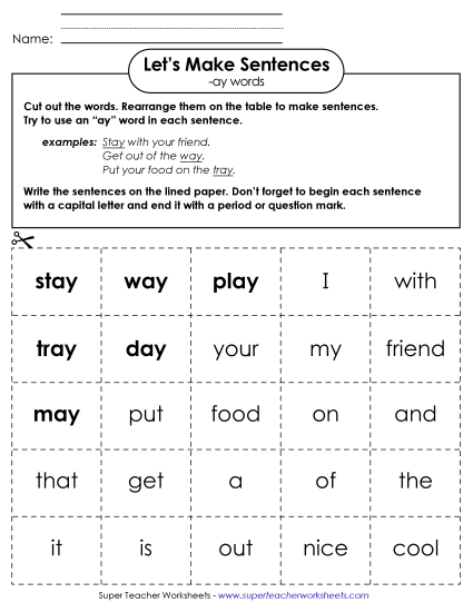 Worksheets - Make Sentences: Word Cards (-ay)