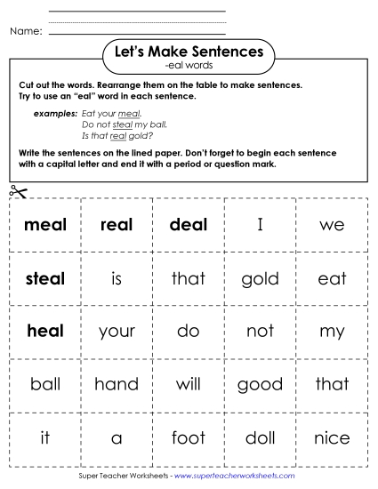 Worksheets - Make Sentences: Word Cards (-eal) Worksheets - Make Sentences: Word Cards (-eal)