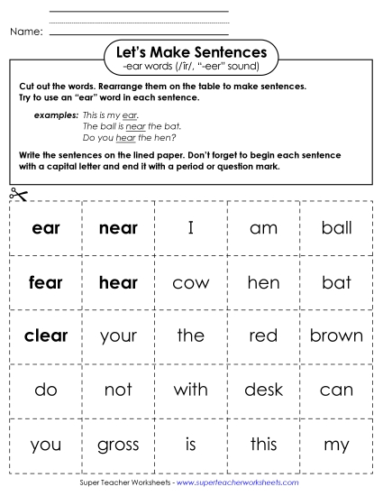 Worksheets - Make Sentences: Word Cards (-ear, 