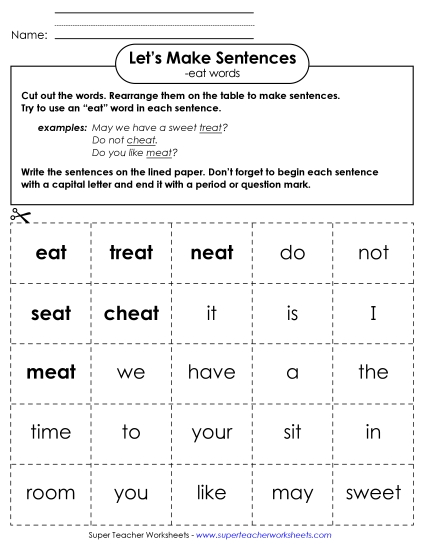 Worksheets - Make Sentences: Word Cards (-eat)