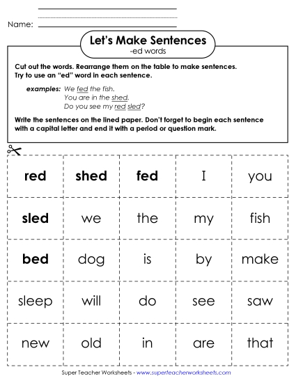 Worksheets - Make Sentences: Word Cards (-ed)
