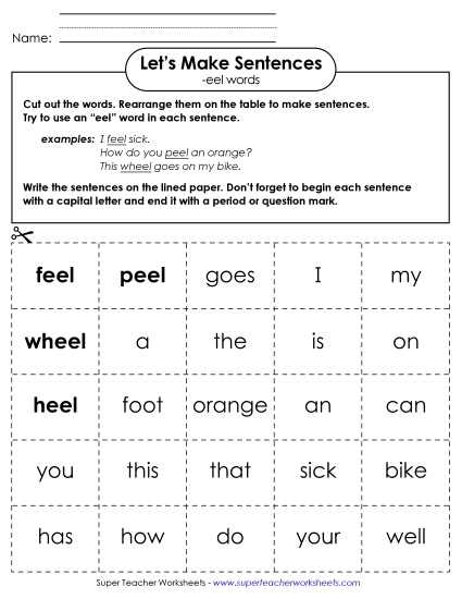 Worksheets - Make Sentences: Word Cards (-eel) Worksheets - Make Sentences: Word Cards (-eel)