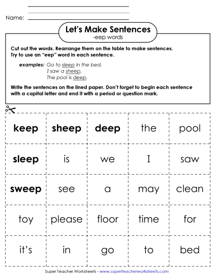 Worksheets - Make Sentences: Word Cards (-eep) Worksheets - Make Sentences: Word Cards (-eep)