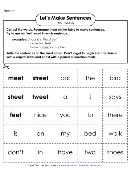 Worksheets - Make Sentences: Word Cards (-eet) Worksheets - Make Sentences: Word Cards (-eet)