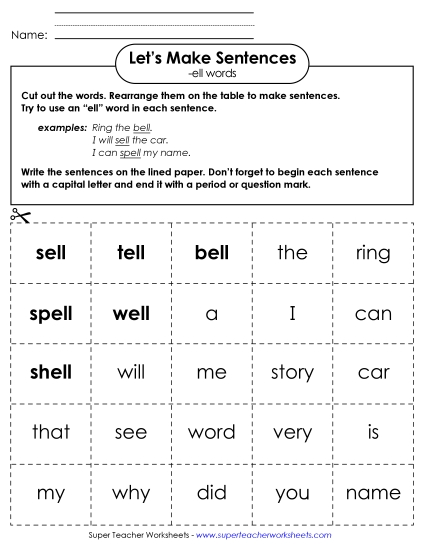 Worksheets - Make Sentences: Word Cards (-ell)